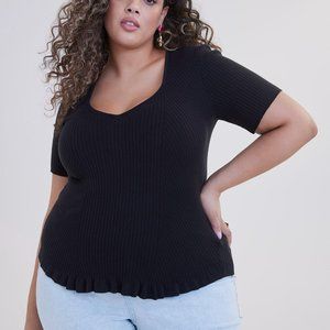 NWT Addition Elle Black Rib Short-Sleeve Sweater With Square Neckline